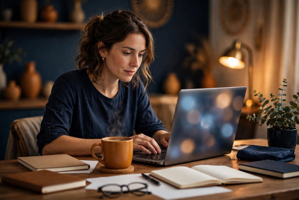 Editorial photo of a journalist publishing a newsletter at a home desk