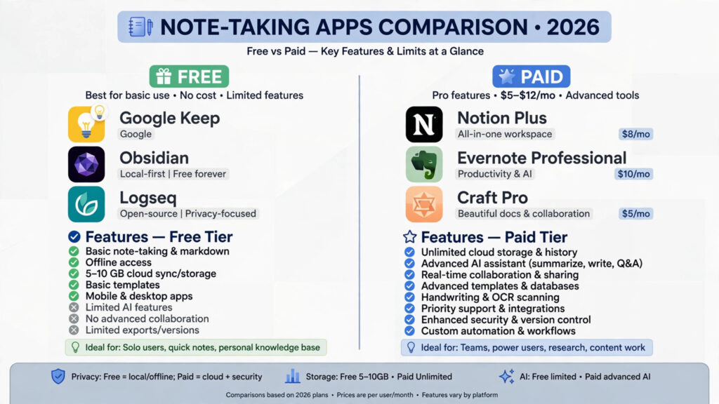 Best note-taking apps pricing comparison — free and paid plans compared for 2026