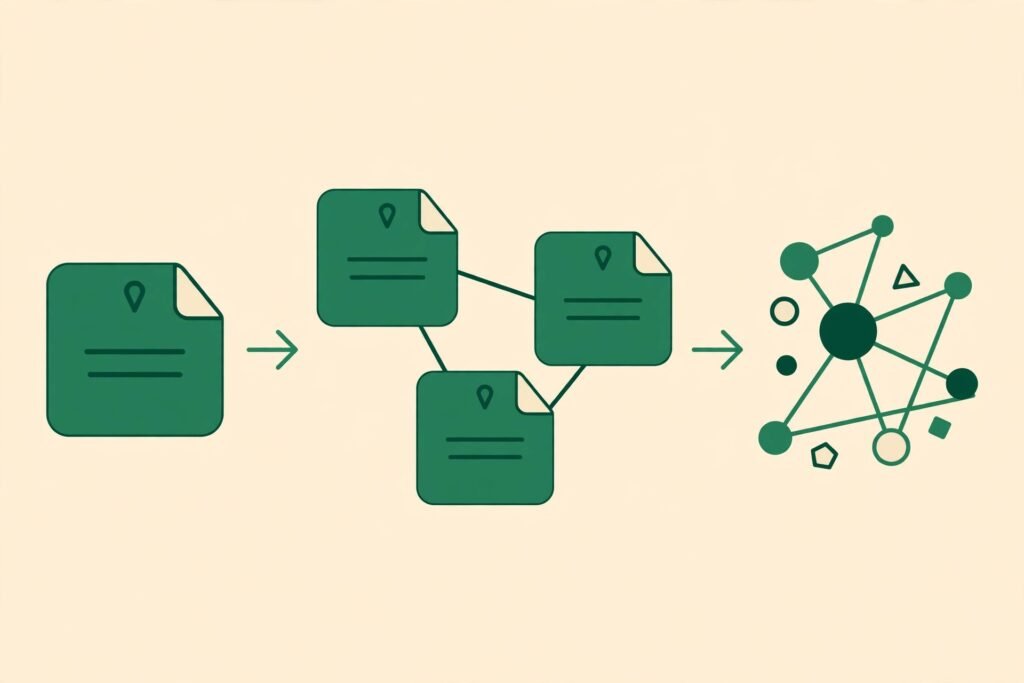 Flat vector illustration of a notes linking workflow