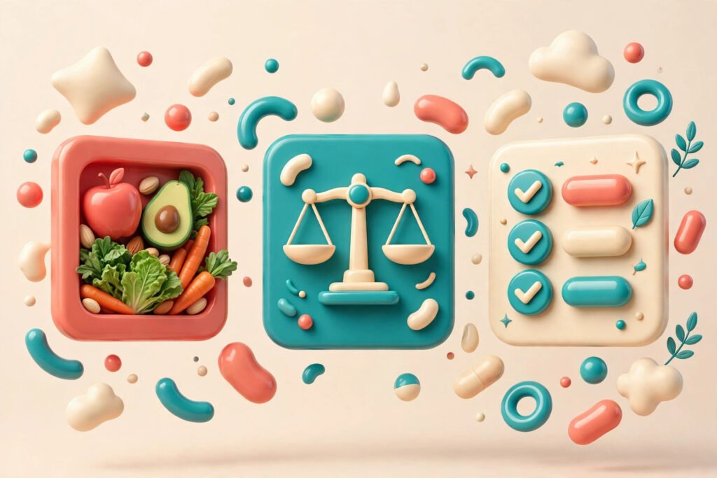 3D render of a nutrition dashboard with floating food and habit cards