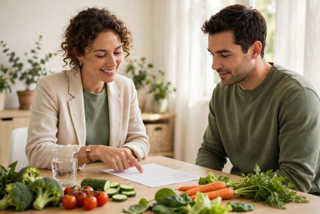 Photorealistic photo of a nutritionist reviewing a meal plan with a client