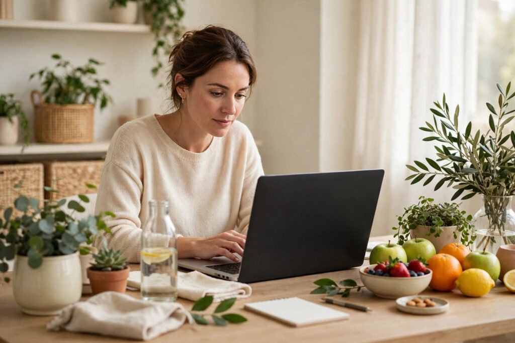 Editorial photo of a nutritionist checking client progress on a laptop