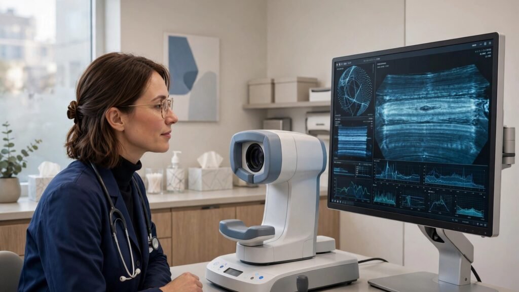 Optometrist reviewing OCT retinal scan in a modern eye clinic