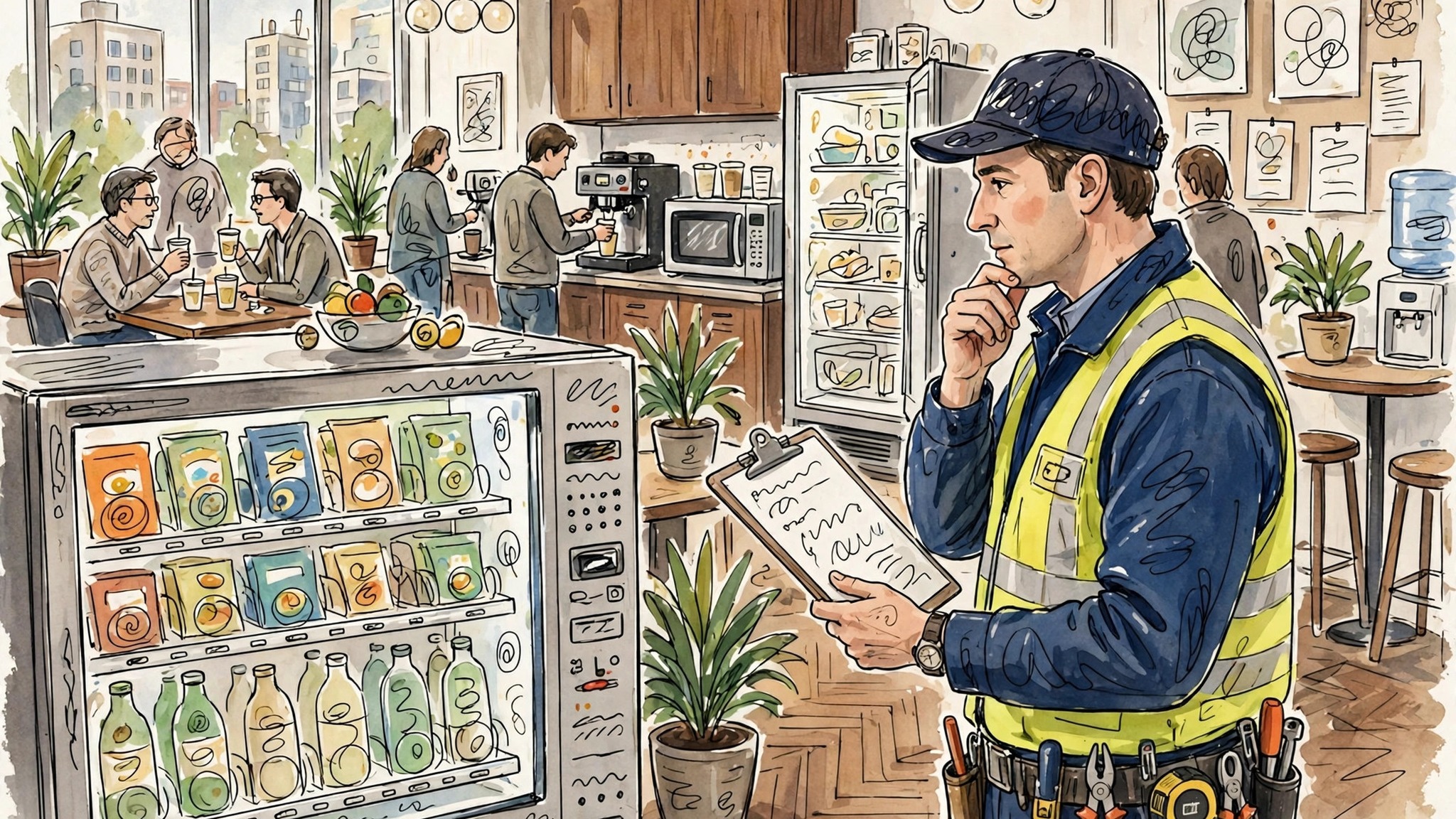 Operator assessing a vending machine location in an office