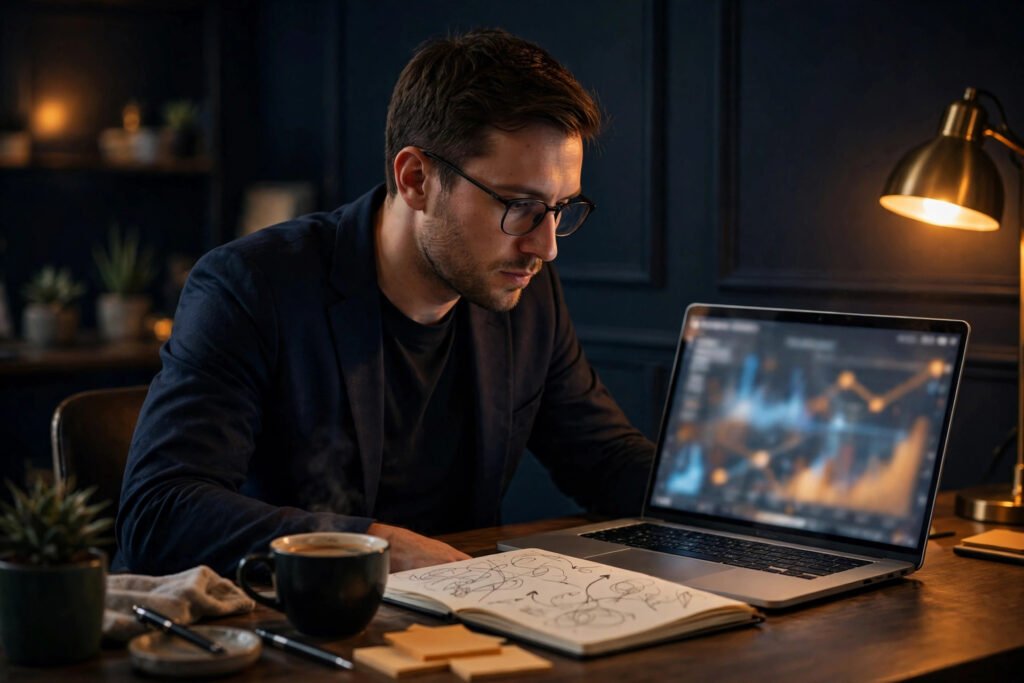 Editorial photo of an analyst studying on-chain data in an office