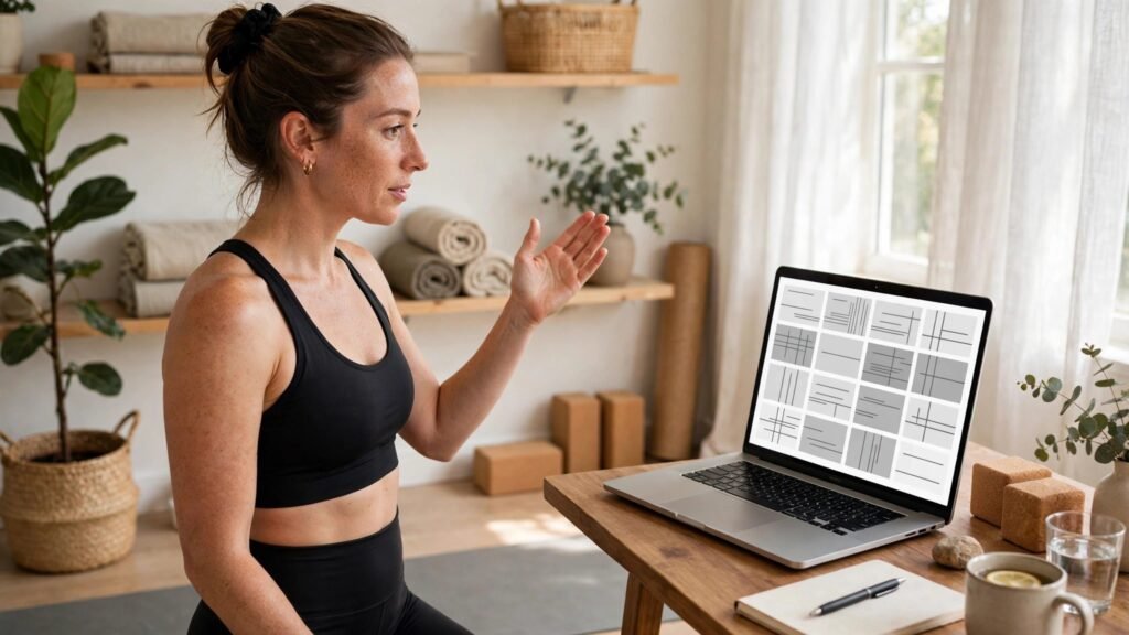 Yoga teacher leading a live online class from home