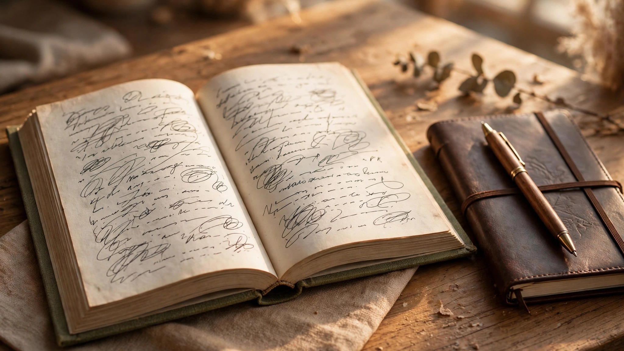 Open book and notebook on a writing desk