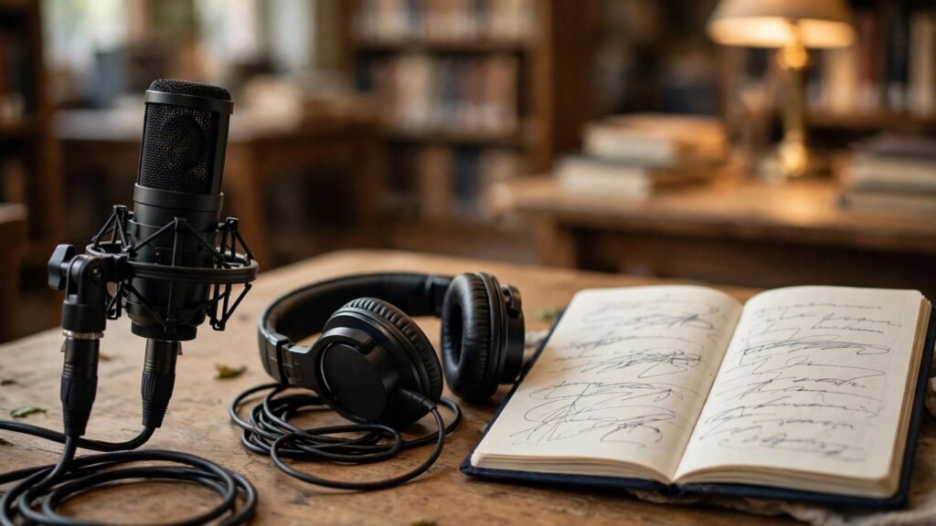 Microphone and headphones beside a notebook for a library oral history recording