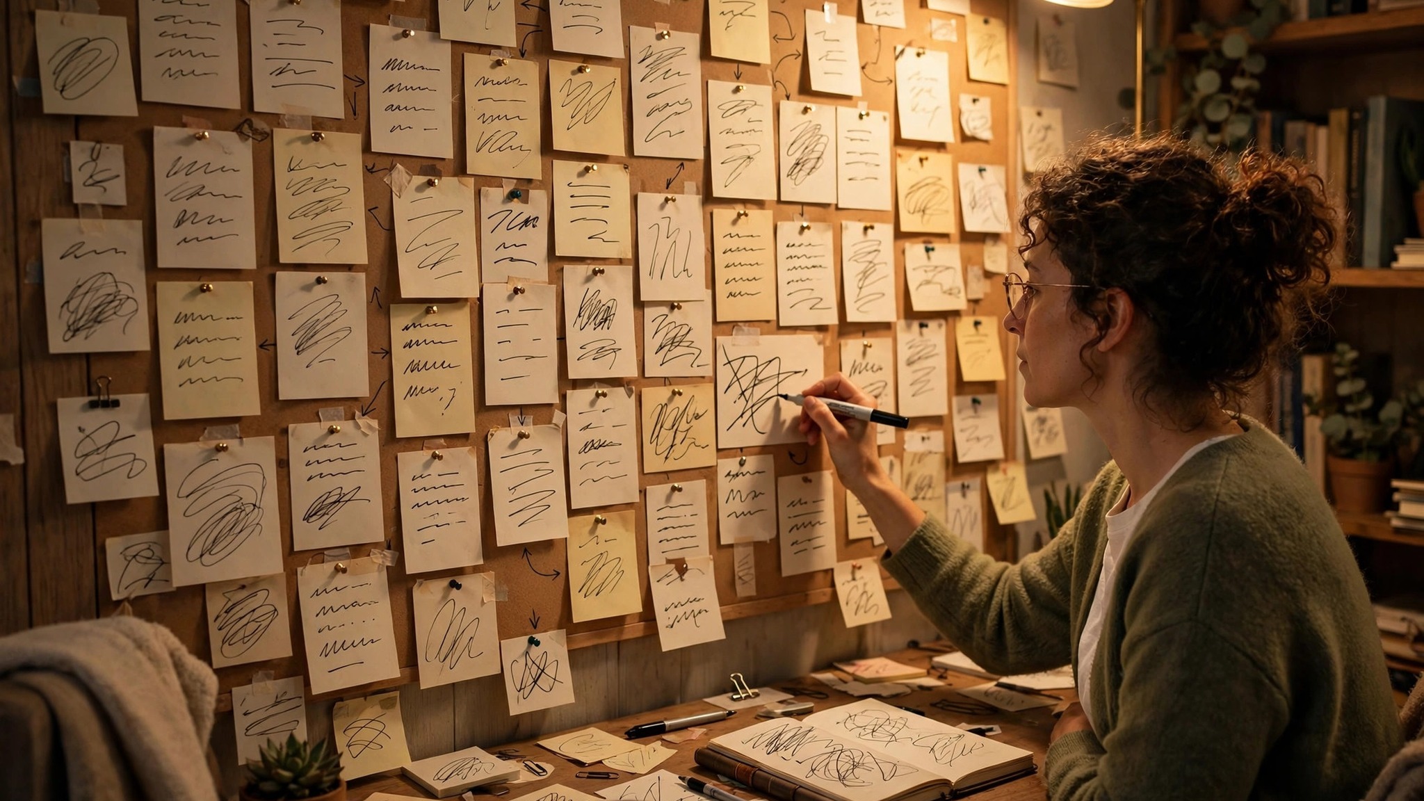 Author outlining book chapters with index cards