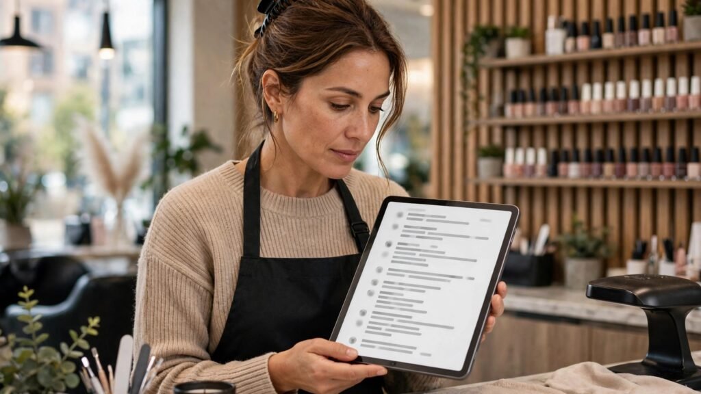 Salon owner reading client reviews on a tablet