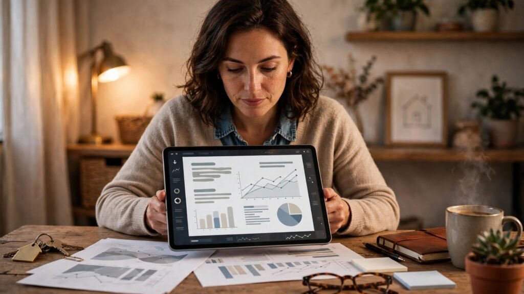 Property owner reading a monthly statement on a tablet