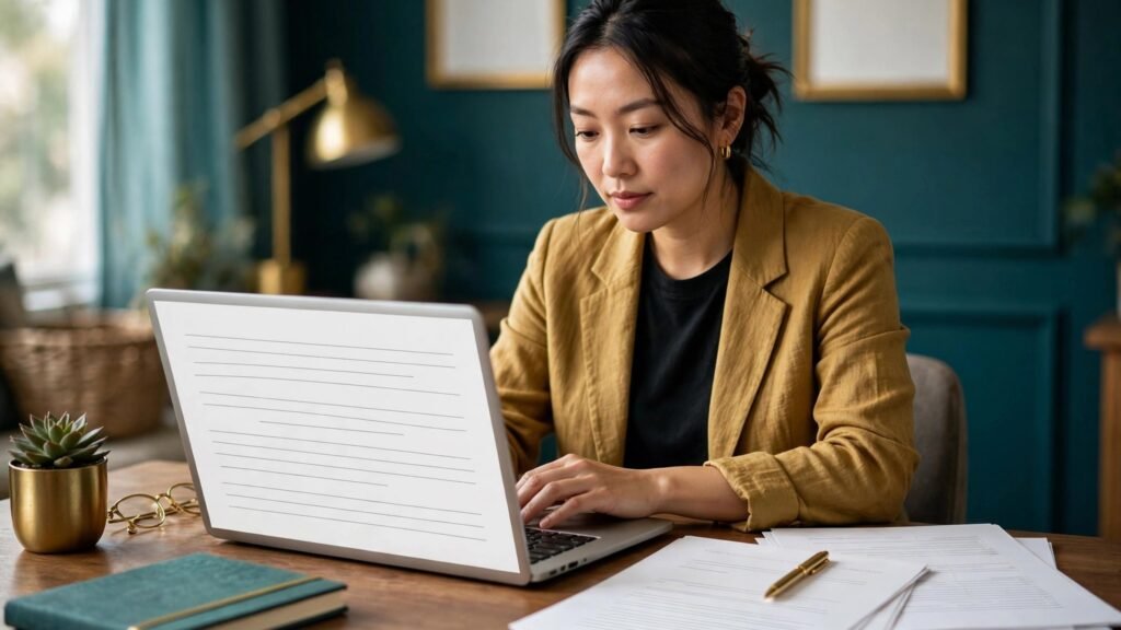 Small business owner reviewing a generated contract on a laptop