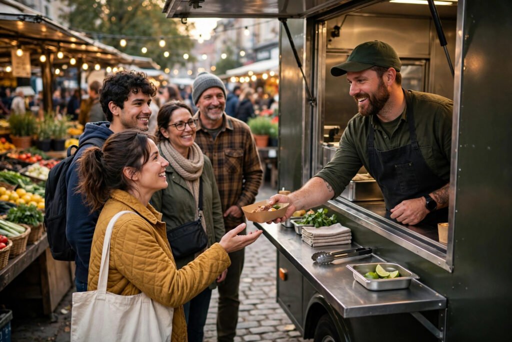 Photorealistic photo of a food truck owner serving customers at a market