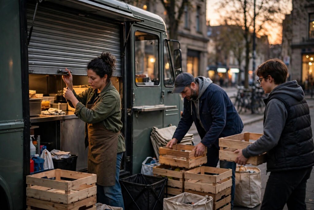 Editorial photo of a food truck team packing down after service