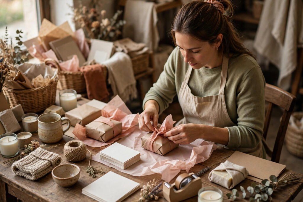 Editorial photo of a seller packing orders with thank you cards for repeat buyers