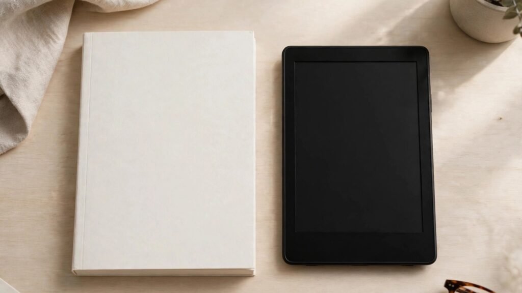 Formatted paperback and ebook reader side by side