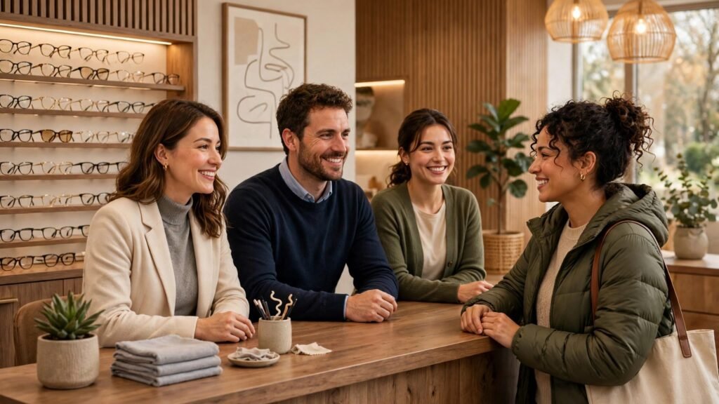 Patient welcomed at an optometry practice reception desk
