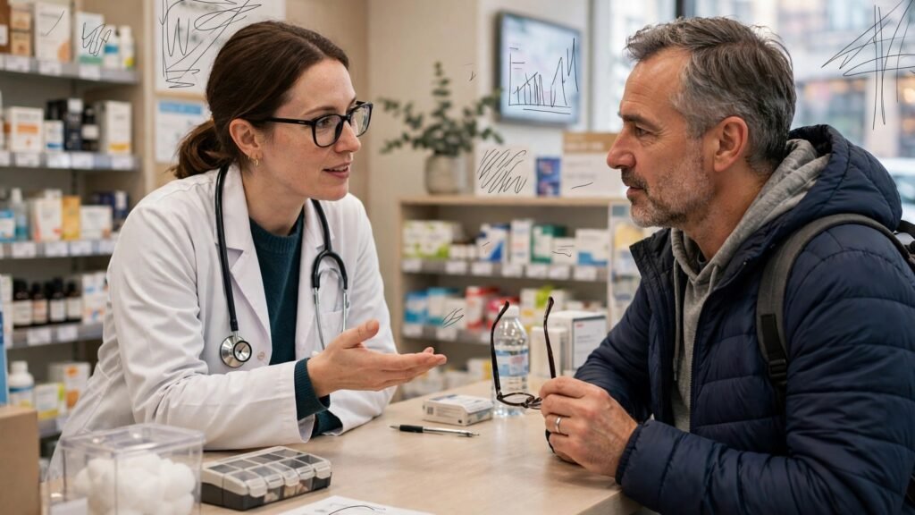 Pharmacist counselling a patient about medication