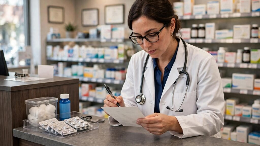 Pharmacist verifying a prescription at a pharmacy counter