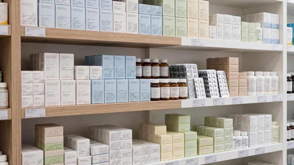 Pharmacy shelves with organised medicines