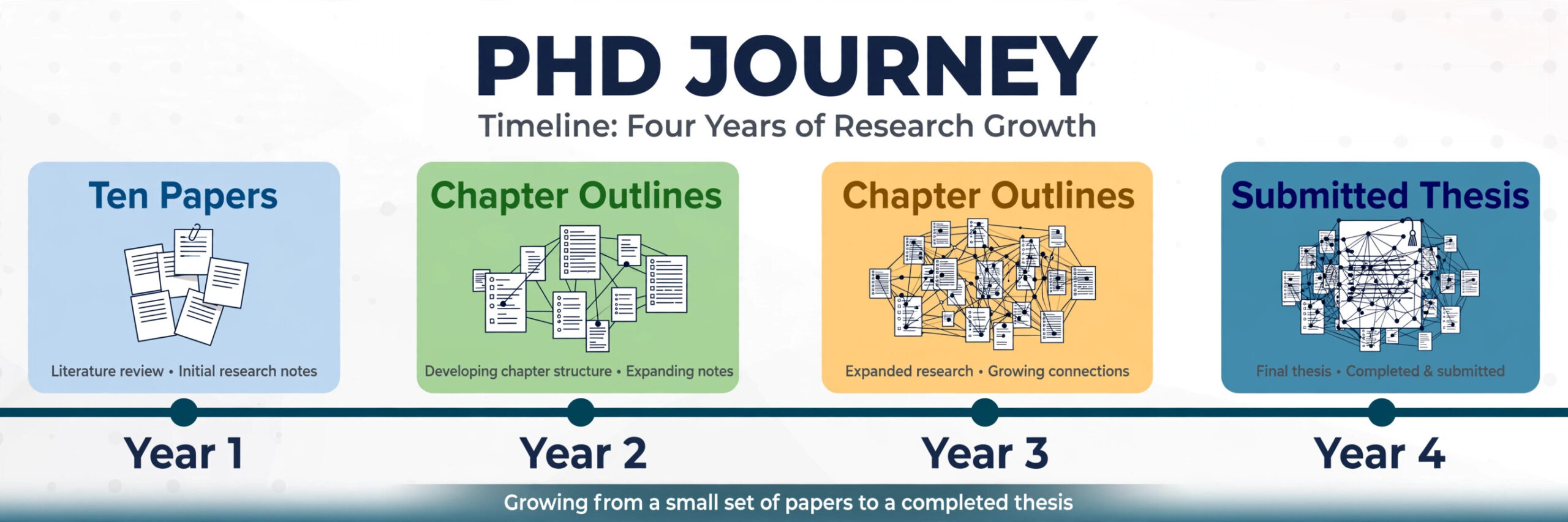 Timeline of a PhD vault growing over four years