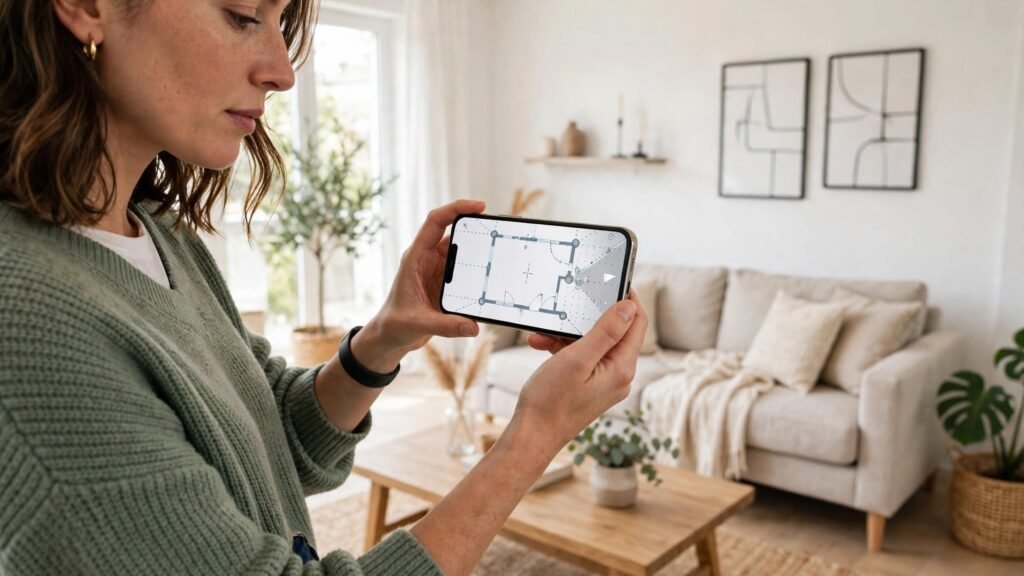 Phone scanning a living room to create a floor plan