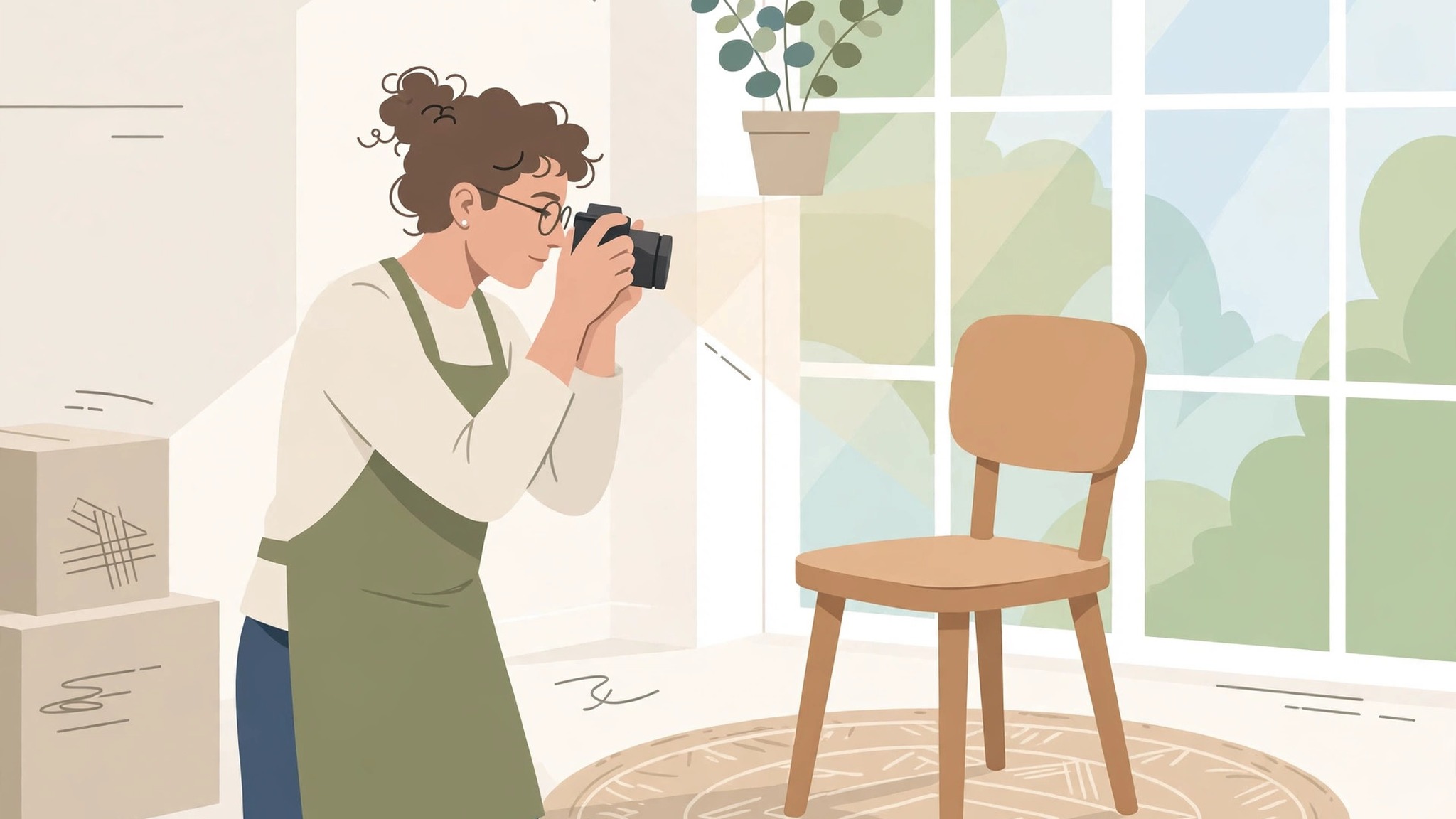 Seller photographing a furniture item in natural light