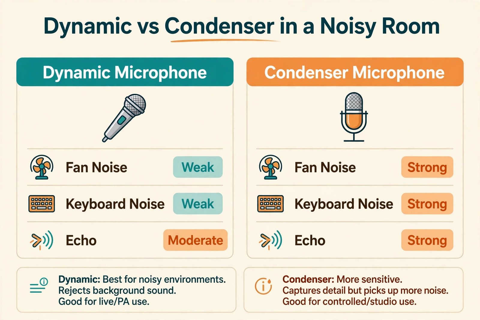 Dynamic versus condenser microphone comparison chart for noisy rooms