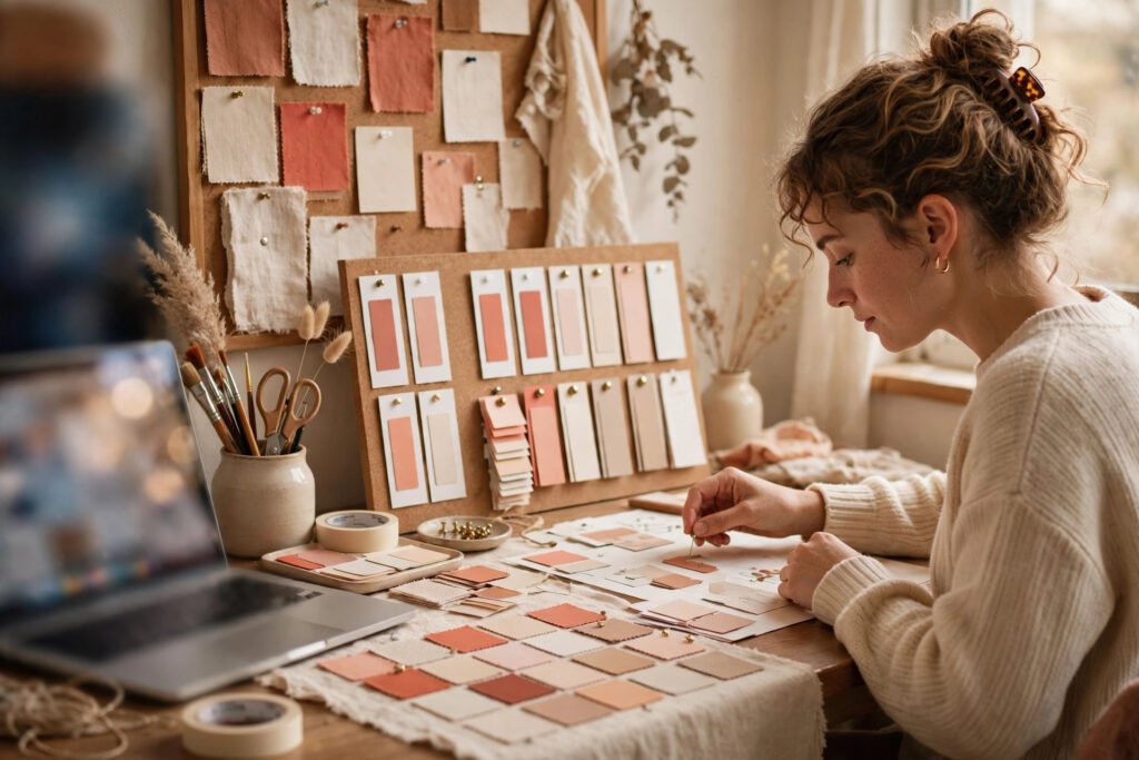 Photorealistic photo of a creator designing Pinterest pins at a desk