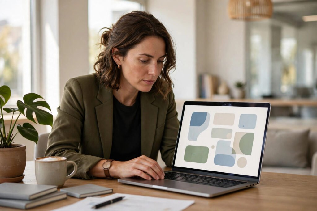 Photorealistic photo of a founder reviewing a pitch deck on a laptop