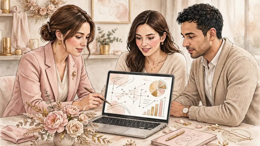 Wedding planner reviewing a timeline with a couple