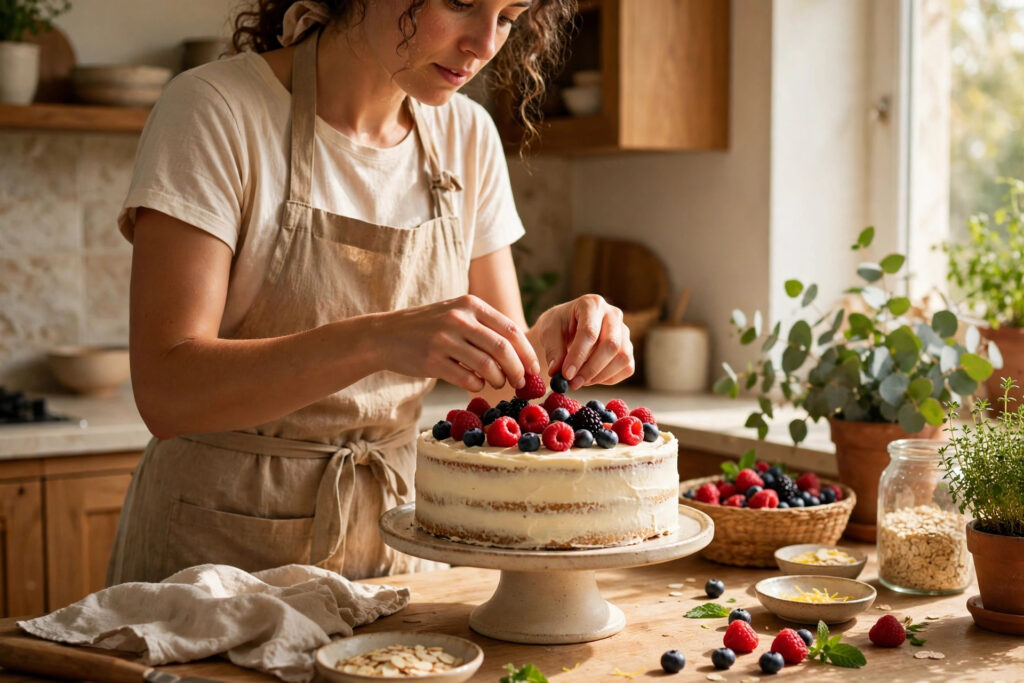 Editorial photo of a cook baking a plant based cake in a bright home kitchen