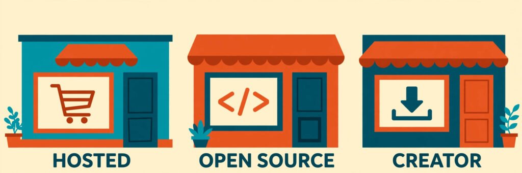Vector illustration comparing hosted open source and creator store platforms