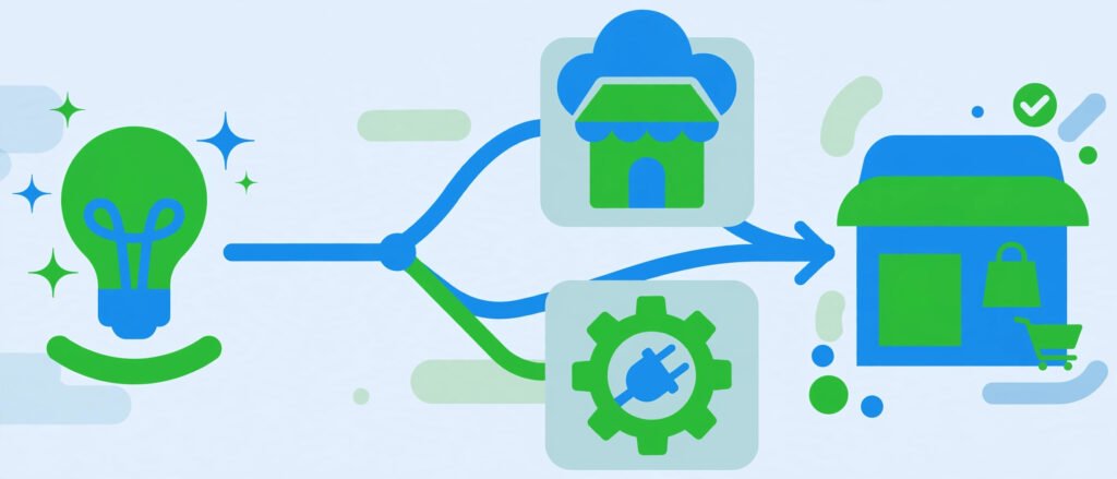 Flat vector illustration of choosing between a hosted store and a self hosted store