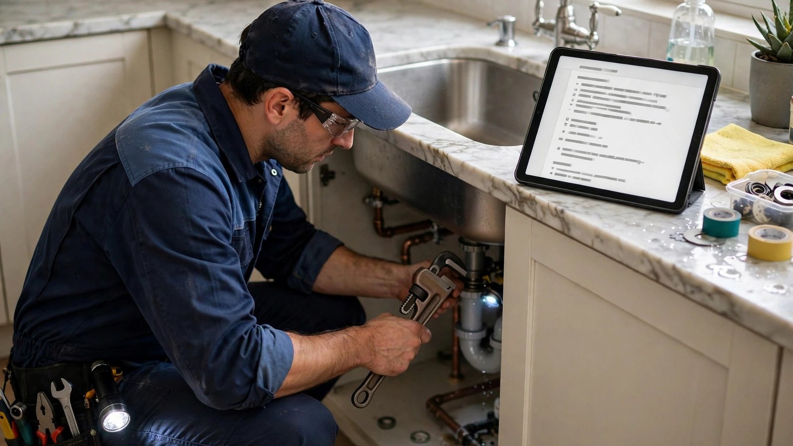 Plumber fixing a sink with job details on a tablet