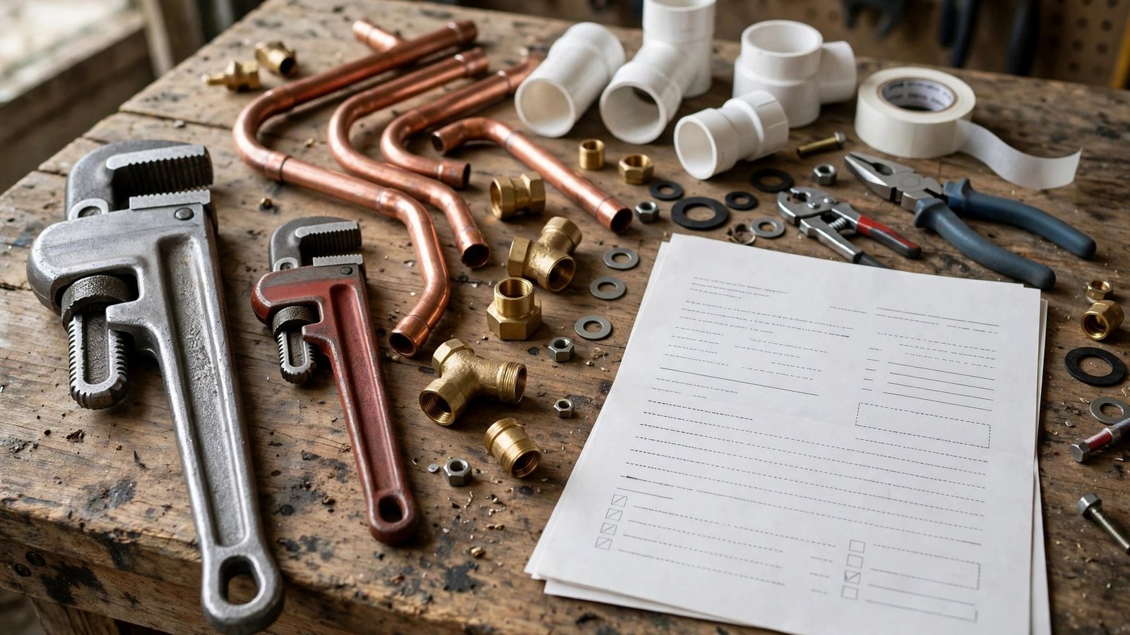Plumbing tools and invoice on a workbench