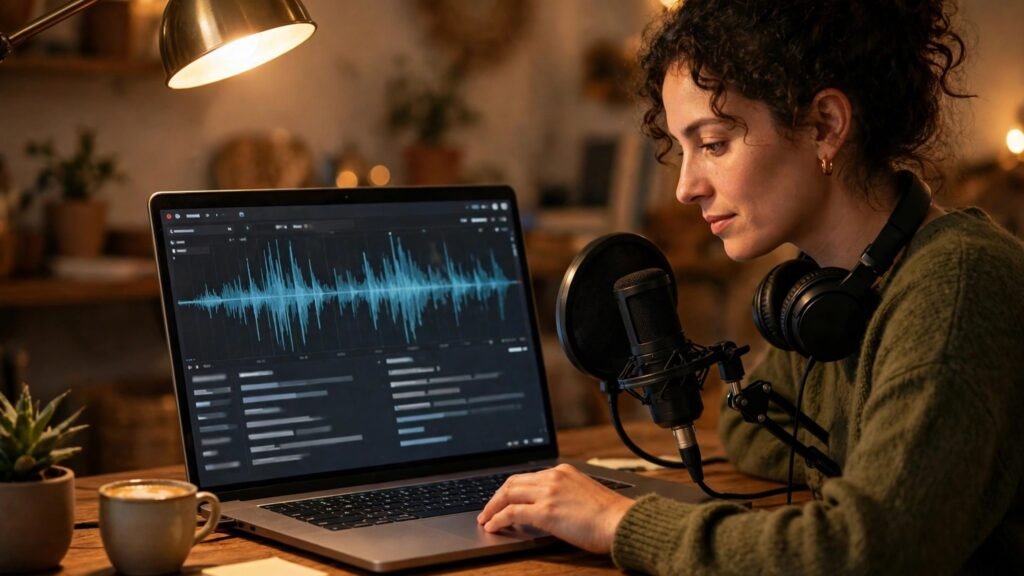 Podcaster editing audio waveform on laptop