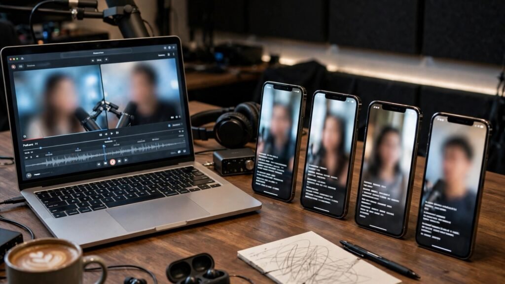 Long podcast video turning into vertical captioned clips