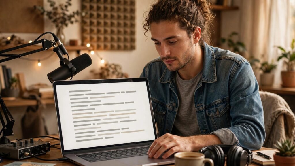 Creator editing a podcast transcript on a laptop