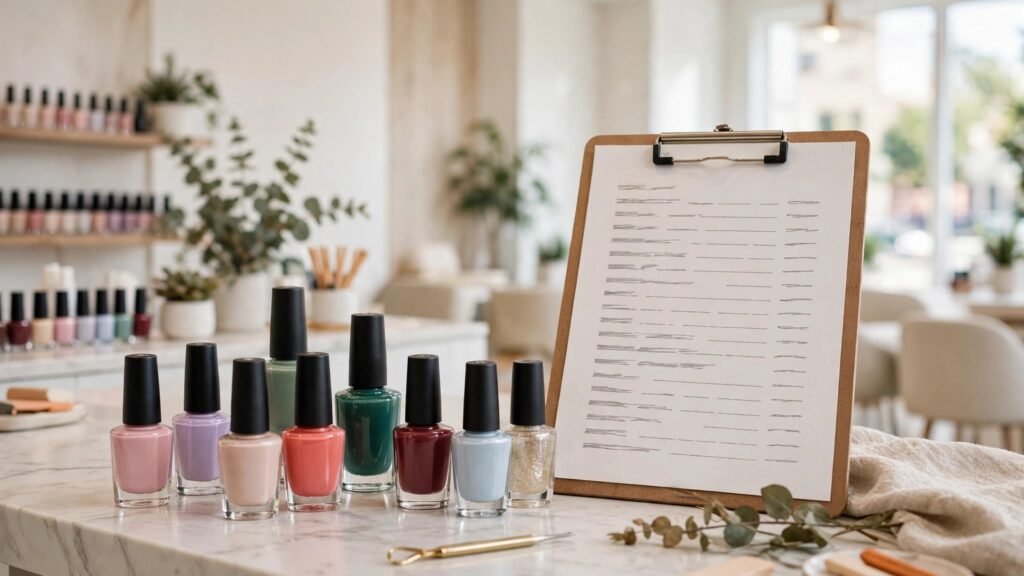 Nail polish bottles and price list on a salon counter