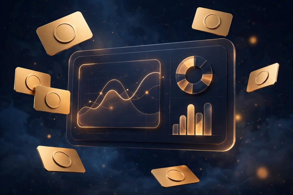 3D render of a crypto portfolio dashboard with floating coin cards