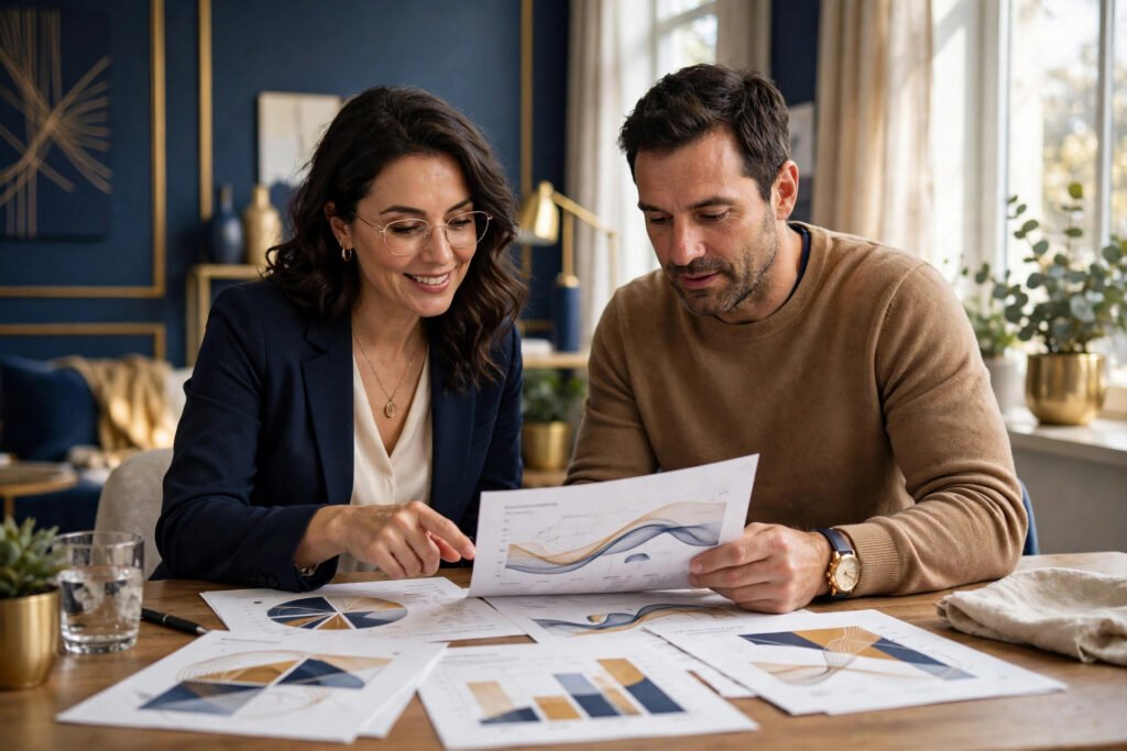 Photorealistic photo of an advisor reviewing a portfolio report with a client
