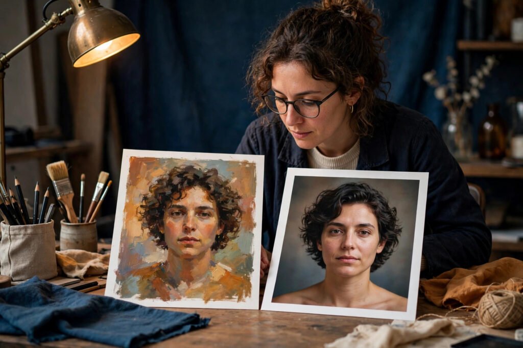 Photorealistic photo of a designer comparing AI portrait prints
