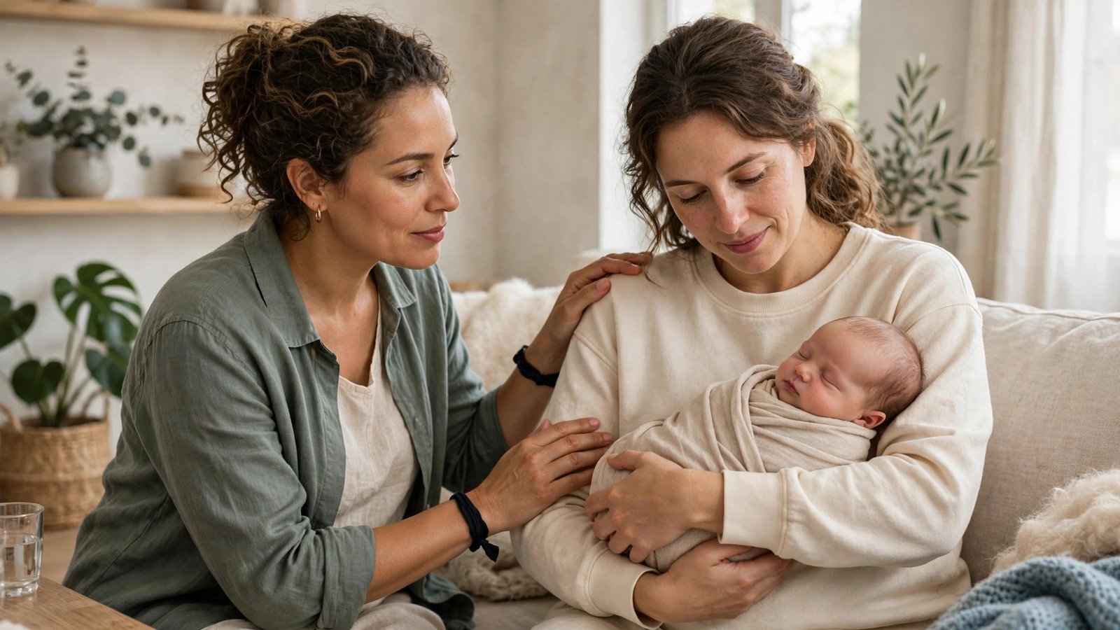 Doula supporting a new parent holding a baby at home