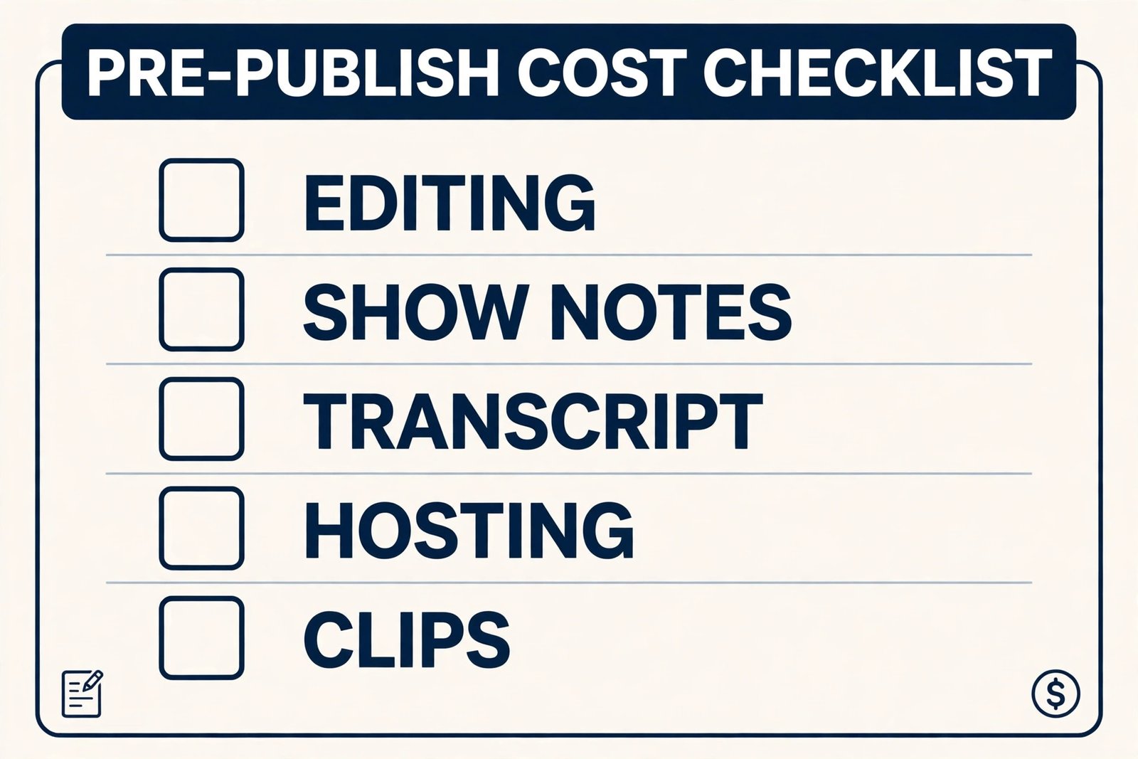 Podcast pre publish cost checklist with editing hosting and clips items