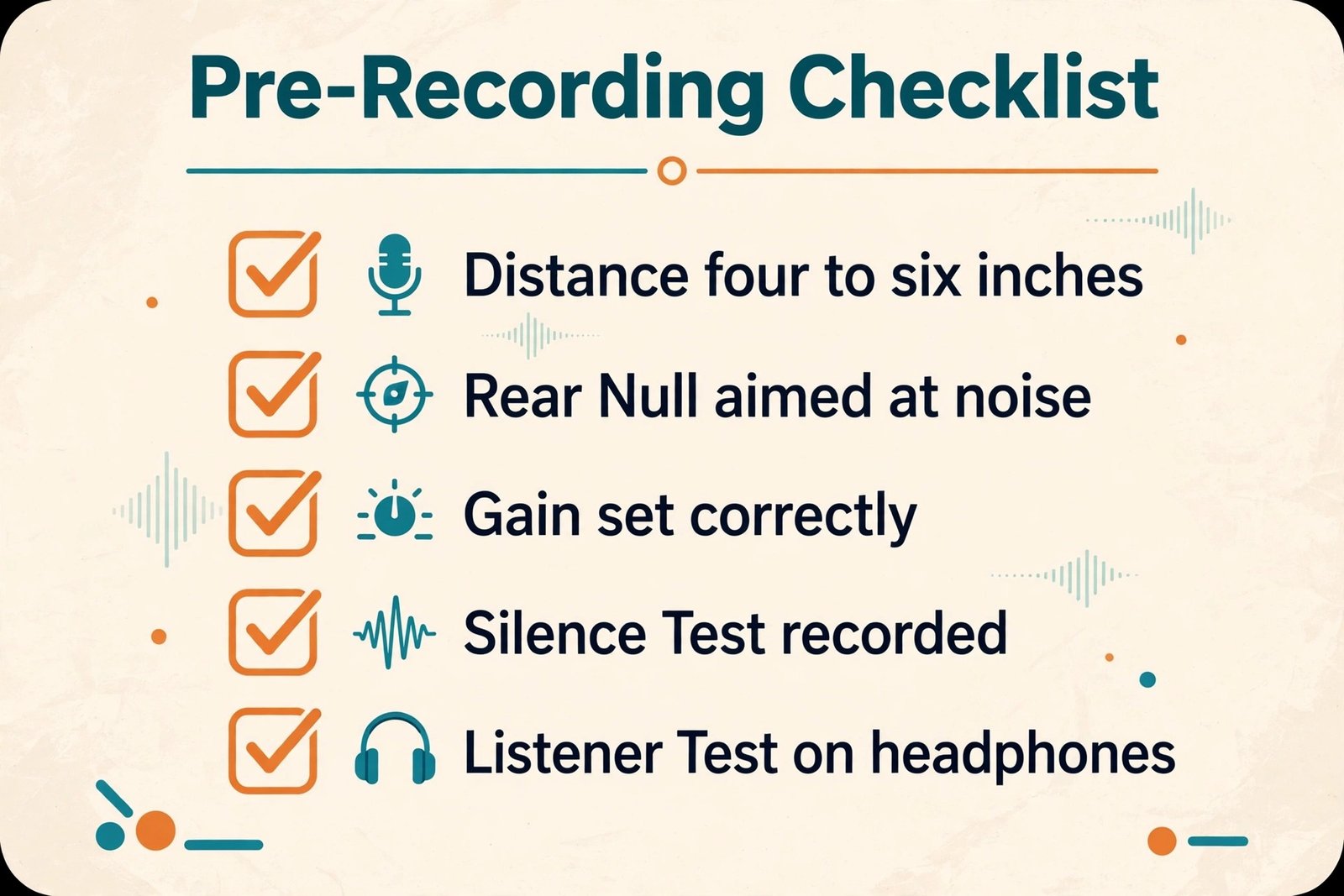 Pre-recording checklist for a noisy room microphone test