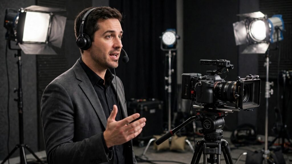 Editorial photo of a presenter recording a training video in a studio