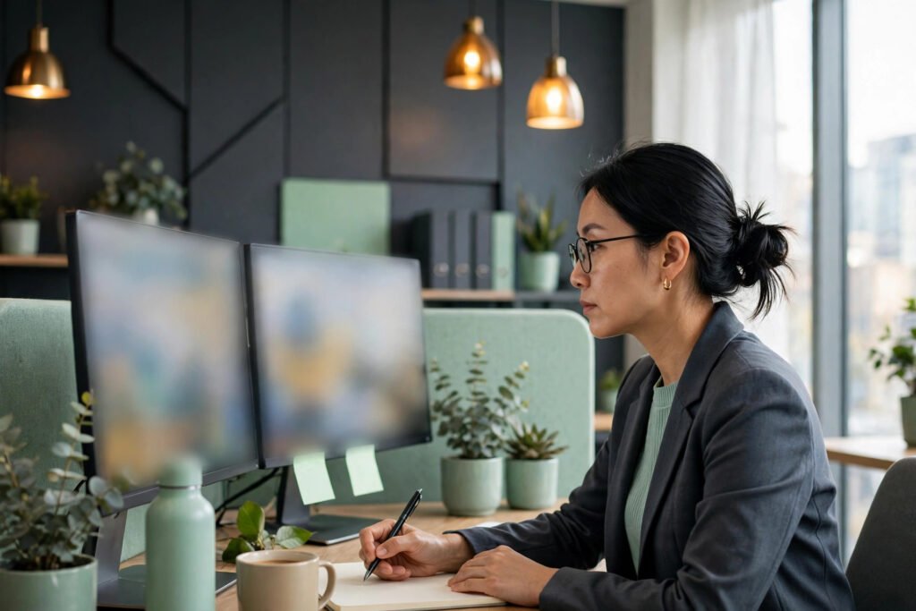 Photorealistic photo of a pricing analyst reviewing a price dashboard in an office
