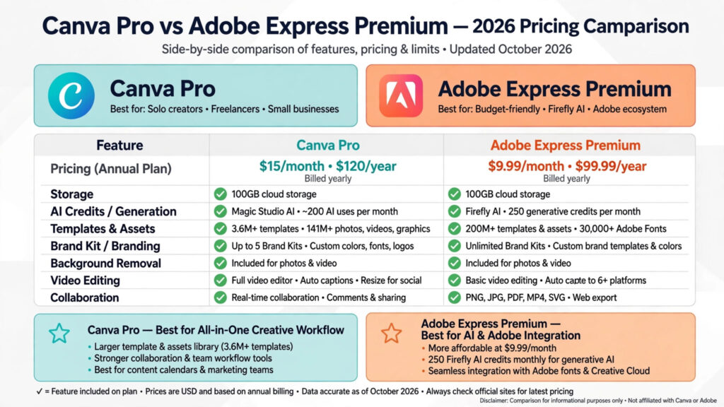 Pricing comparison plans — canva vs adobe express
