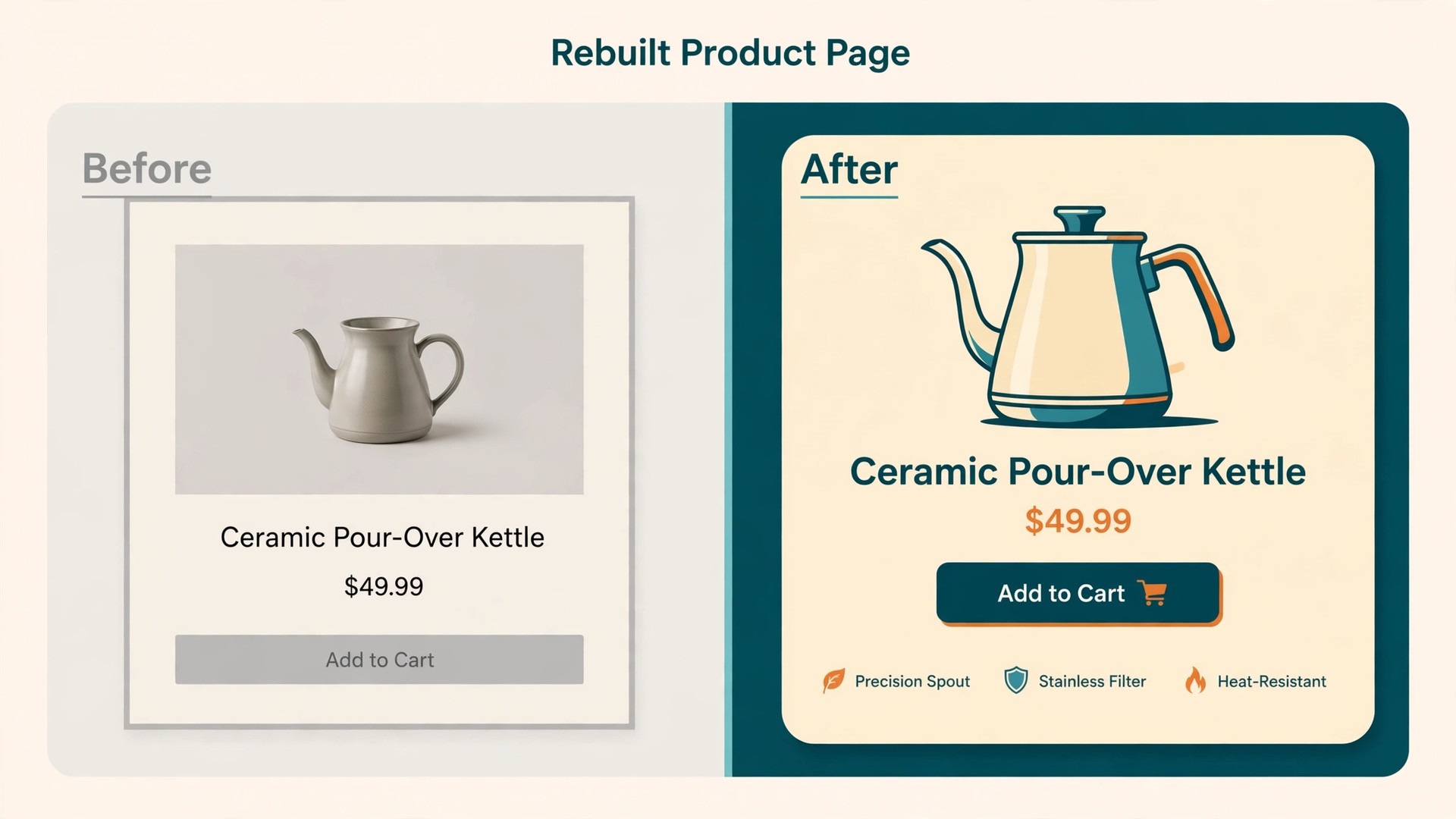 Old Shopify product page next to a new Squarespace product page